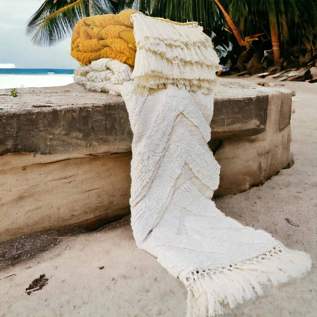 Ivory Tufted Throw Blankets with tassel - Handwoven Boho Decorative Bed & Sofa Throw