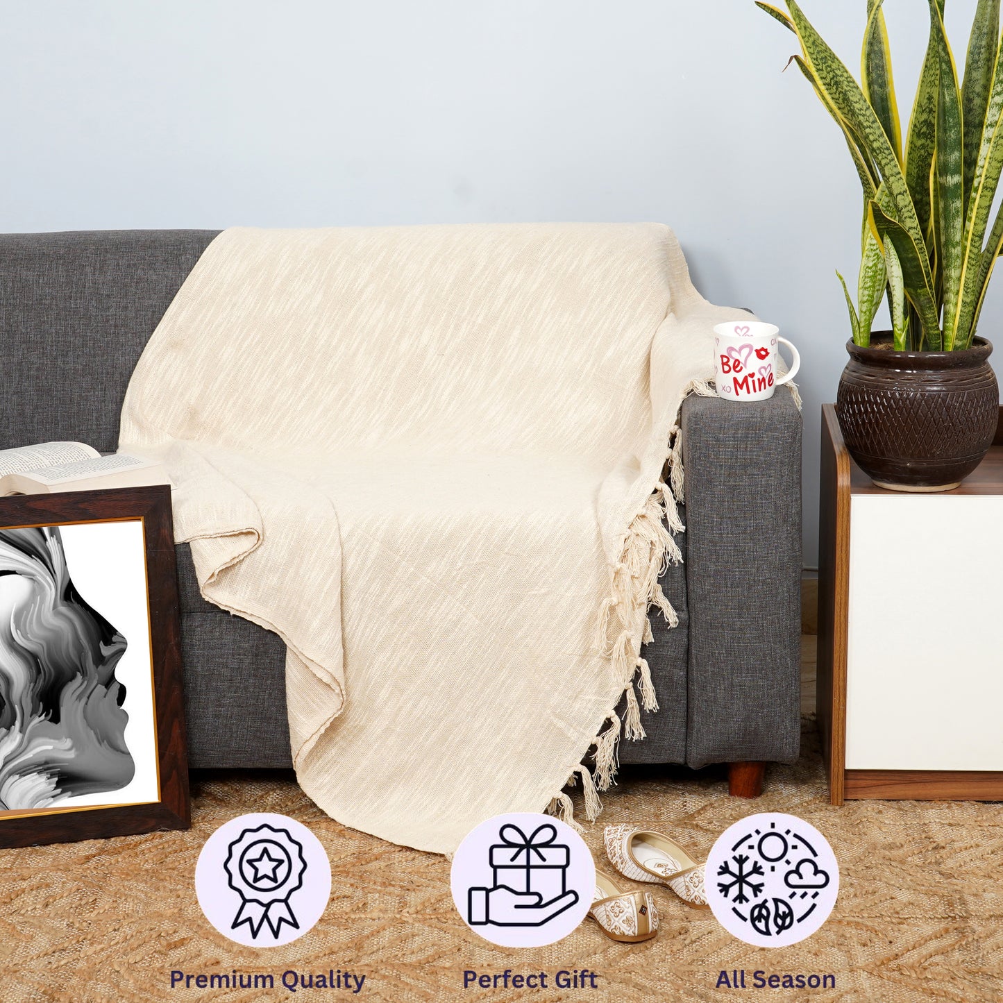 EMOLICA Luxury 100% Cotton Throw Blanket, Handwoven Cotton Sofa Throw with Tassels – Ivory