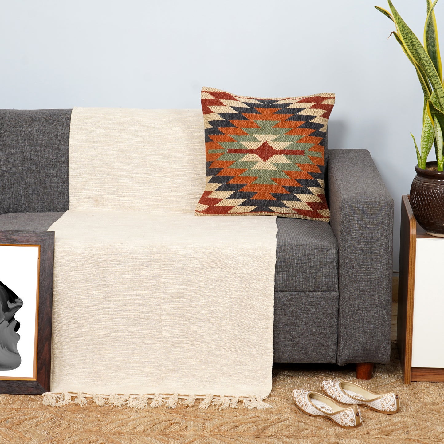 EMOLICA Luxury 100% Cotton Throw Blanket, Handwoven Cotton Sofa Throw with Tassels – Ivory