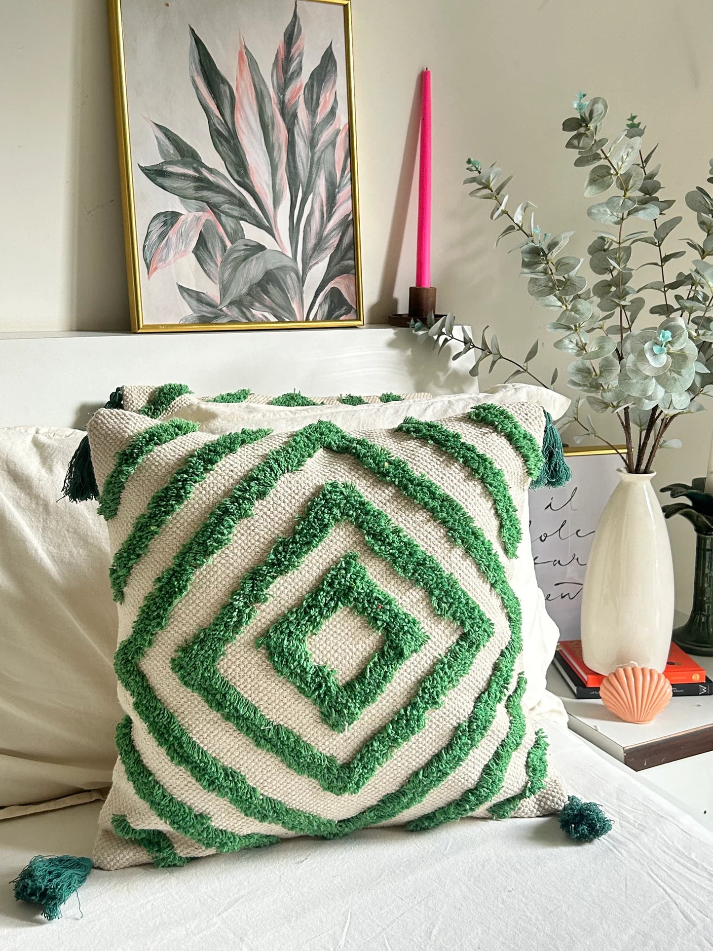 Bohemian Tufted Cushion Cover - Emerald Green & Ivory/Off White | Decorative Throw Pillow