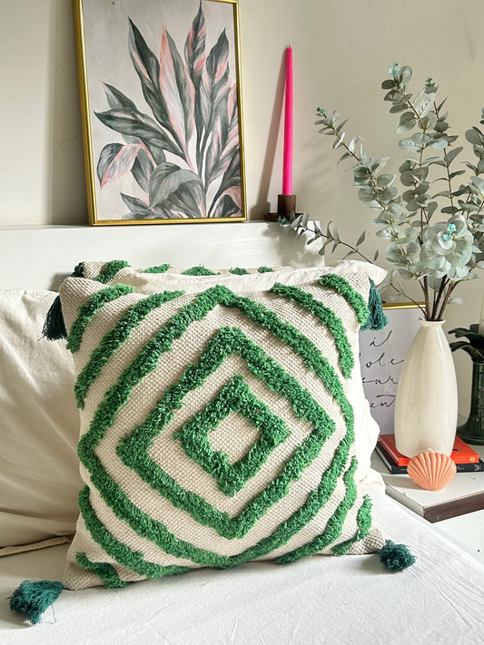Bohemian Tufted Cushion Cover - Emerald Green & Ivory/Off White | Decorative Throw Pillow
