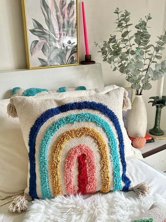 Handmade Tufted Rainbow Cushion Cover – Boho Cotton Throw Pillow with Tassels