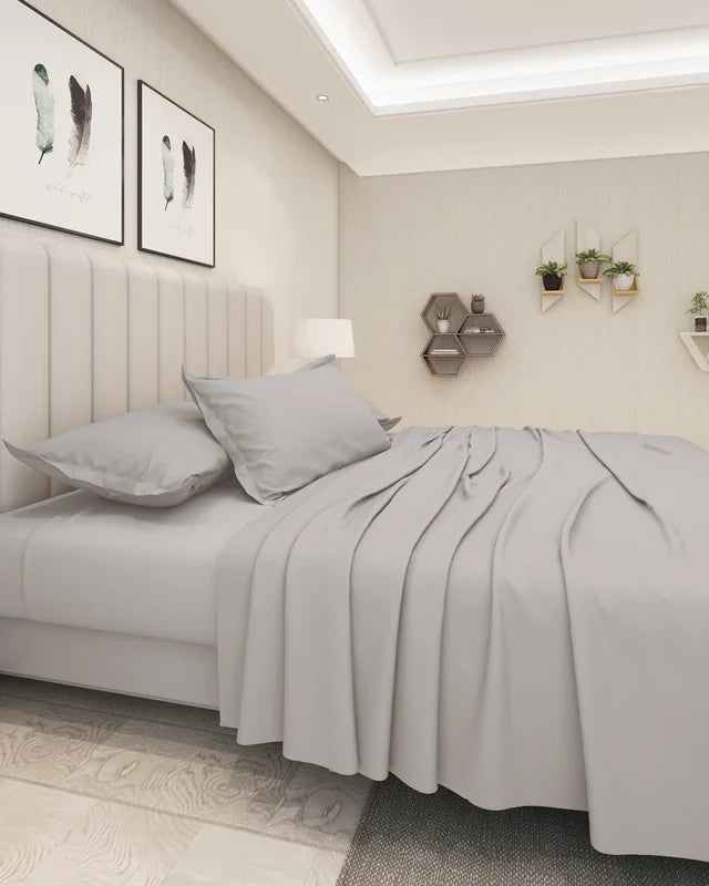 Emolica Silver Grey Cotton Bed Sheet Set with Pillow Covers – Luxury Cotton Bedding set with pillow