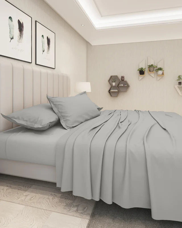 Emolica Silver Grey Cotton Bed Sheet Set with Pillow Covers – Luxury Cotton Bedding set with pillow