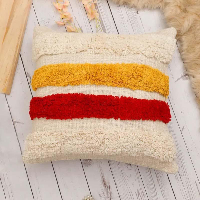 Bold Red & Yellow Striped Accent Pillow | Textured Cream Decorative Cushion cover