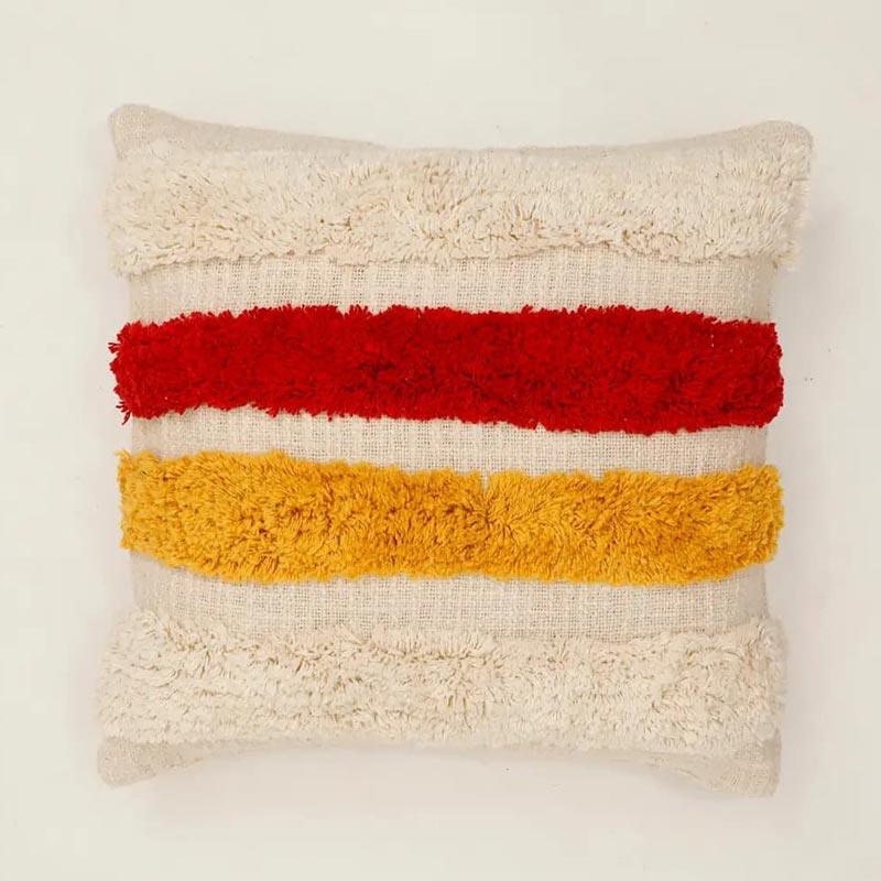 Bold Red & Yellow Striped Accent Pillow | Textured Cream Decorative Cushion cover
