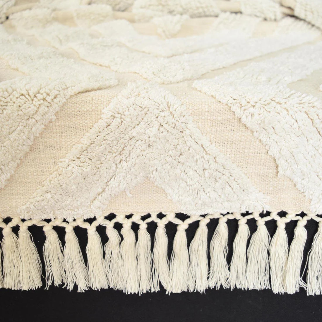 Ivory Tufted Throw Blankets with tassel - Handwoven Boho Decorative Bed & Sofa Throw