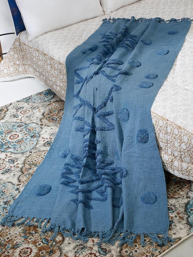 Blue Cotton Tufted Throw Blanket with Tassels – Soft Handwoven Sofa & Bed Throw