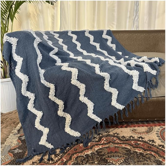 Boho Woven Chevron Throw Blanket - Blue & White Textured Cotton